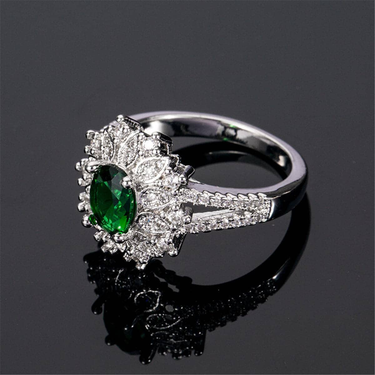 Green Crystal & Cubic Zirconia Oval Floral Ring-1