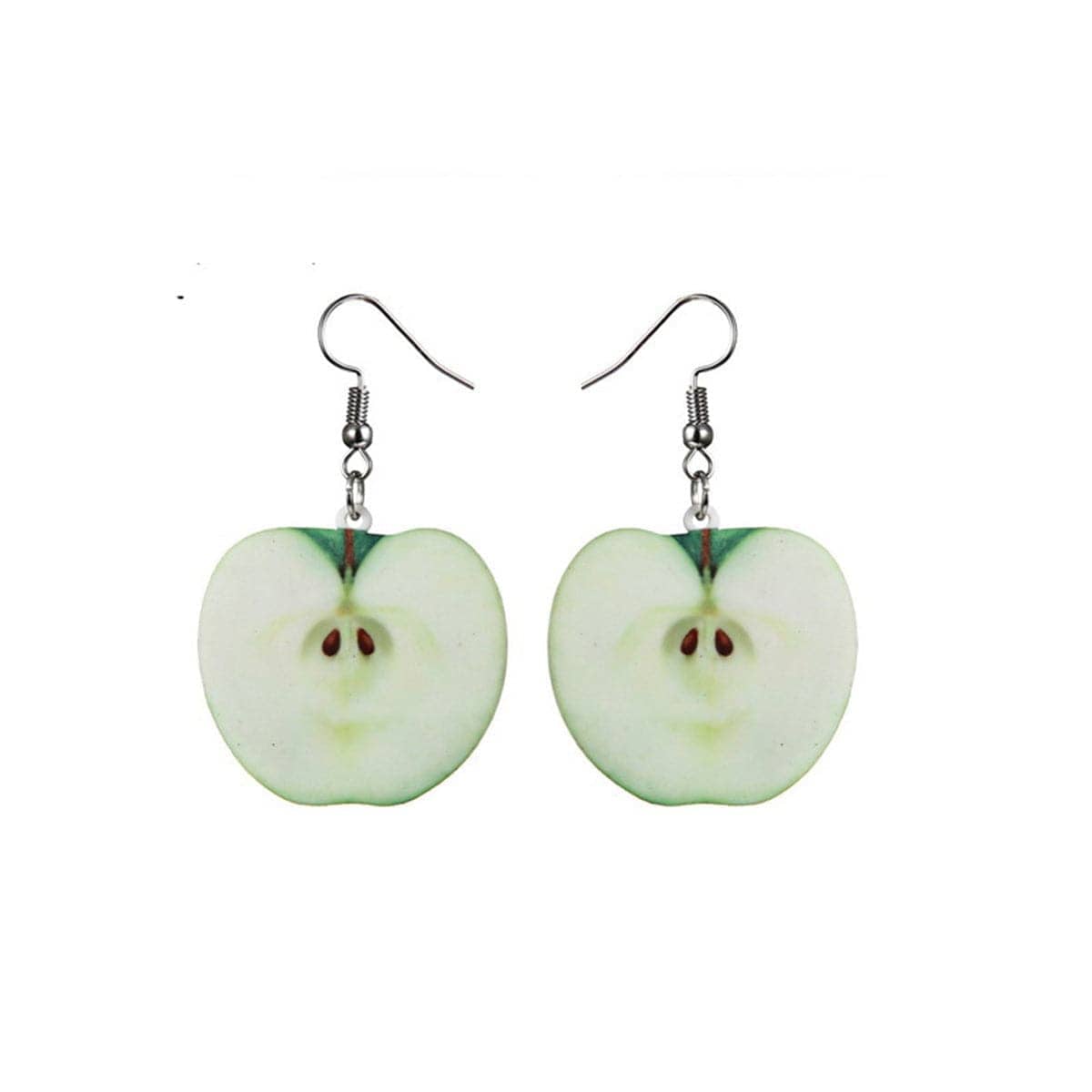 Green Acrylic & Silvertone Apple Drop Earrings