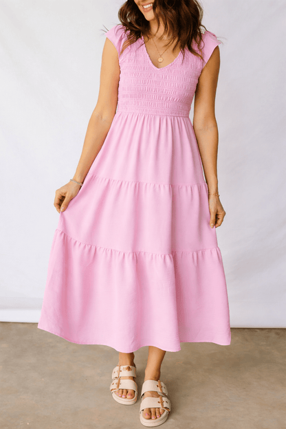 Treasure Flare Tiered Midi Dress - Pink / L - 12/14