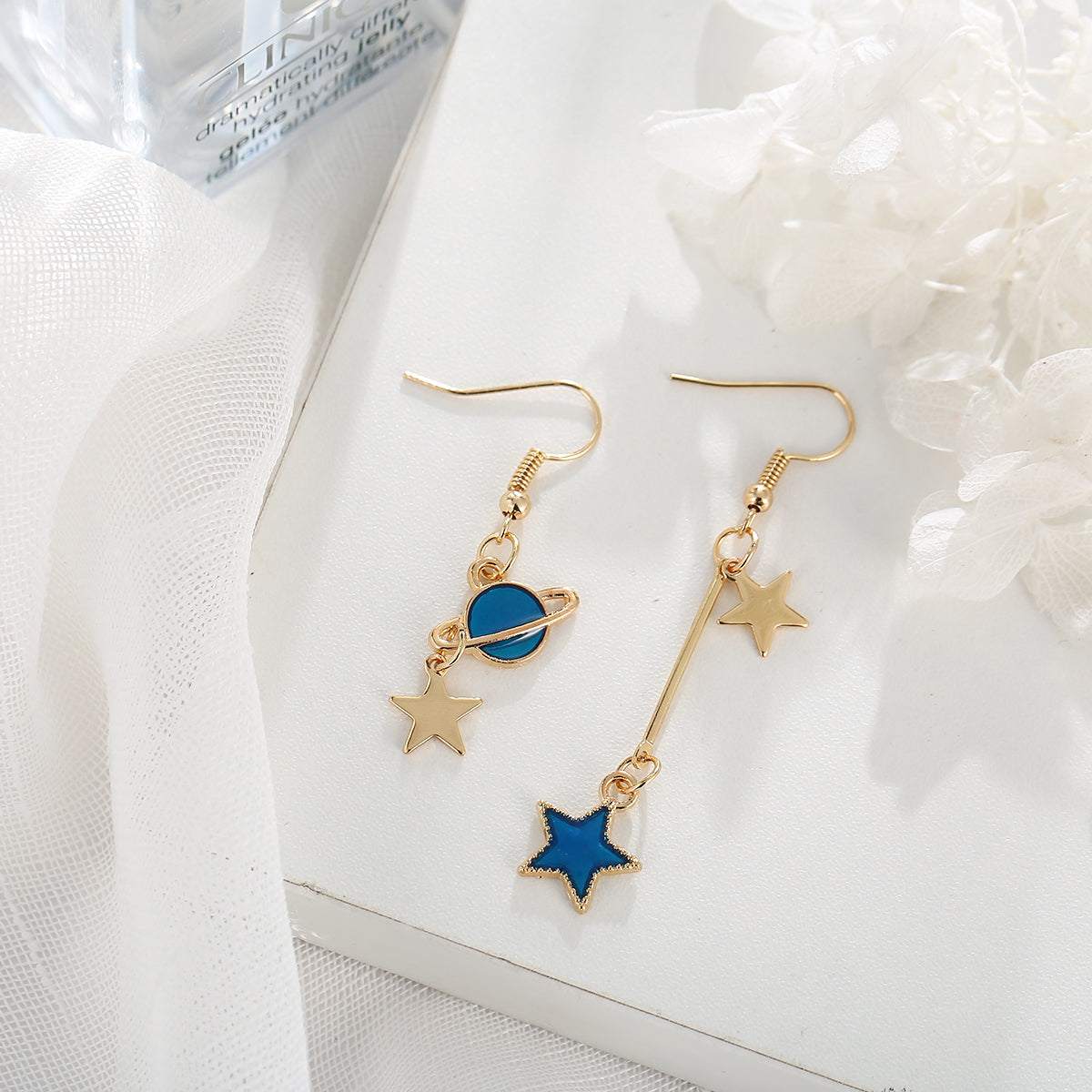 Blue Enamel & Goldtone Star Asymmetrical Drop Earrings