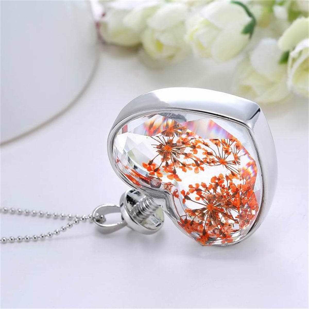 Orange Pressed Gypsophila & Silvertone Pressed Heart Pendant Necklace