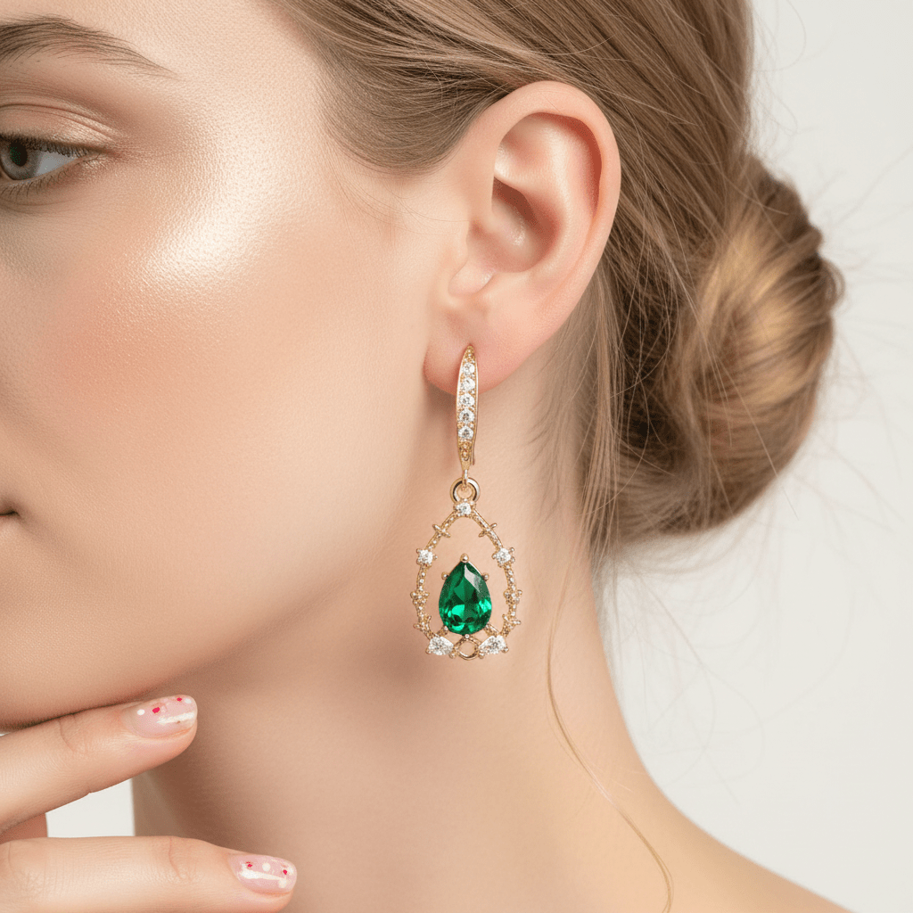 Green Crystal & Cubic Zirconia Goldtone Teardrop Hook Earrings