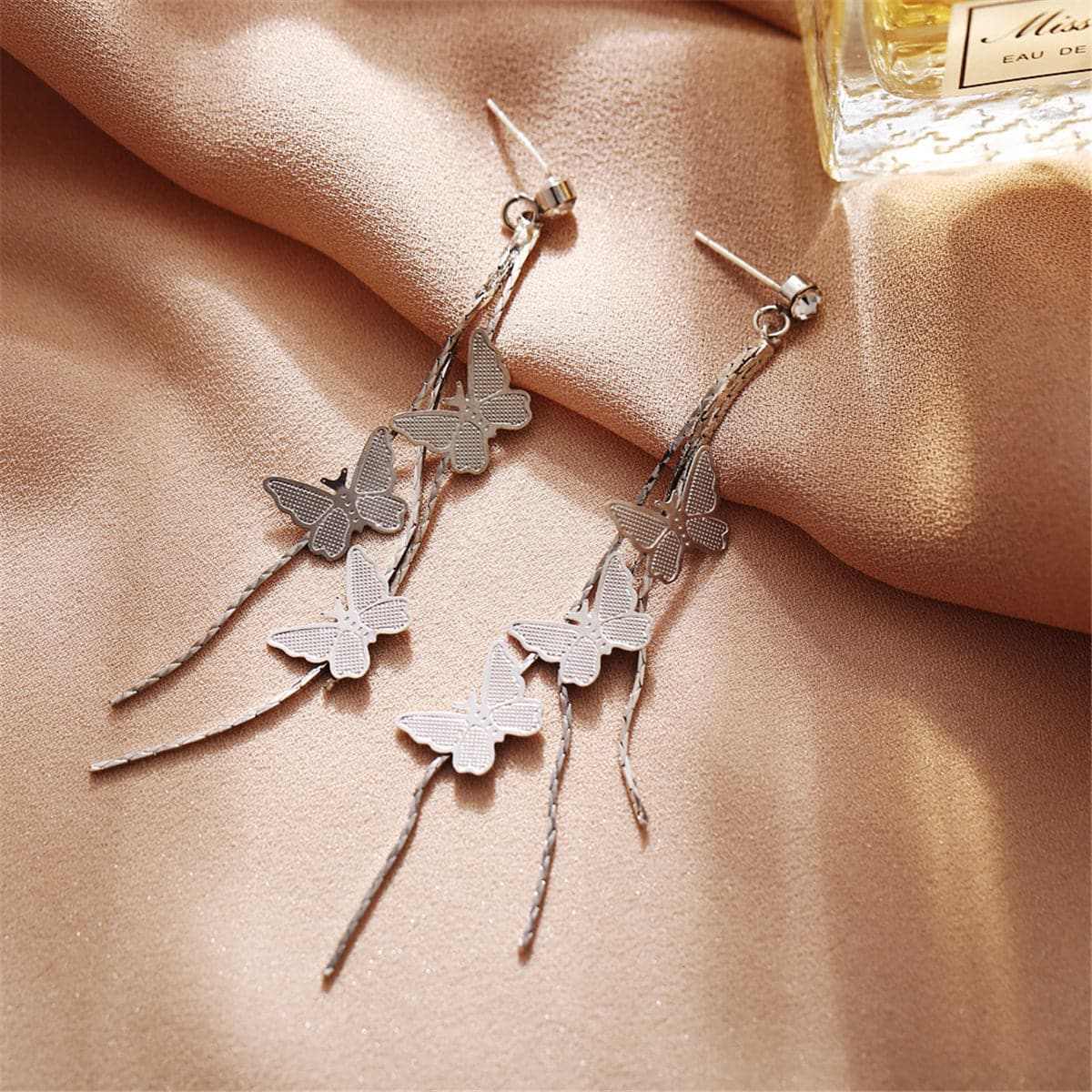 Cubic Zirconia & Silvertone Butterflies Drop Earrings
