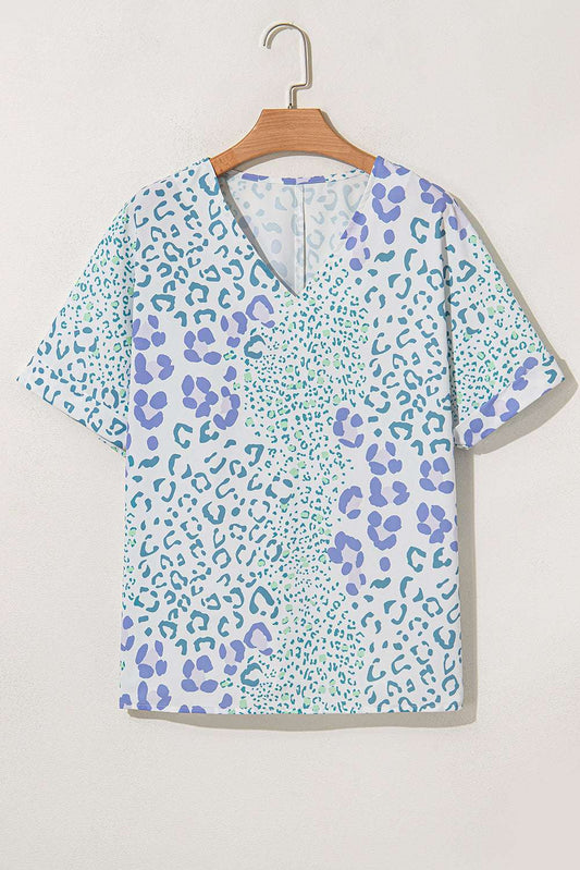 Threaded Pear Marleigh Leopard Print V Neck Short Sleeve Blouse