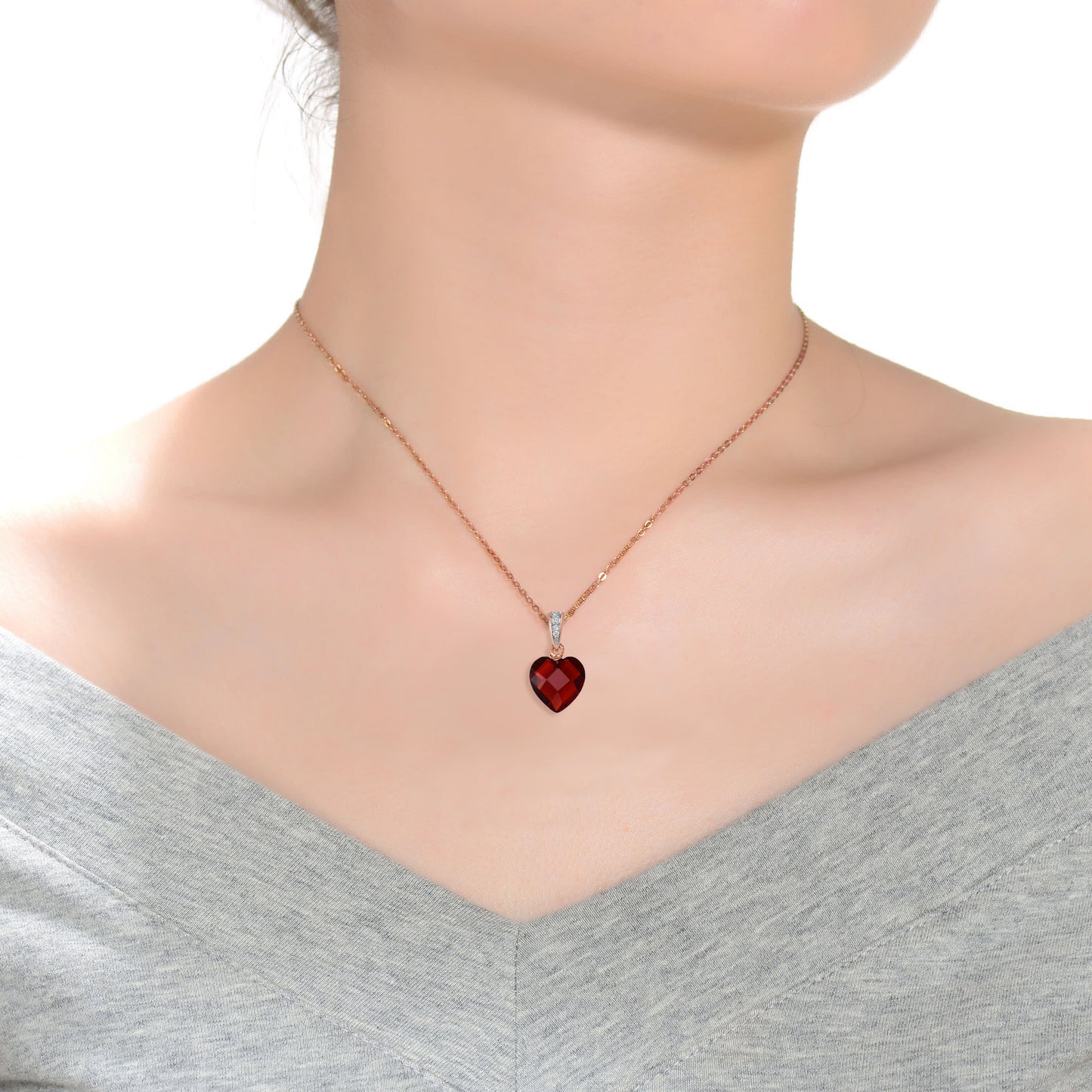 Sterling Silver Red Cubic Zirconia Heart-shape Necklace