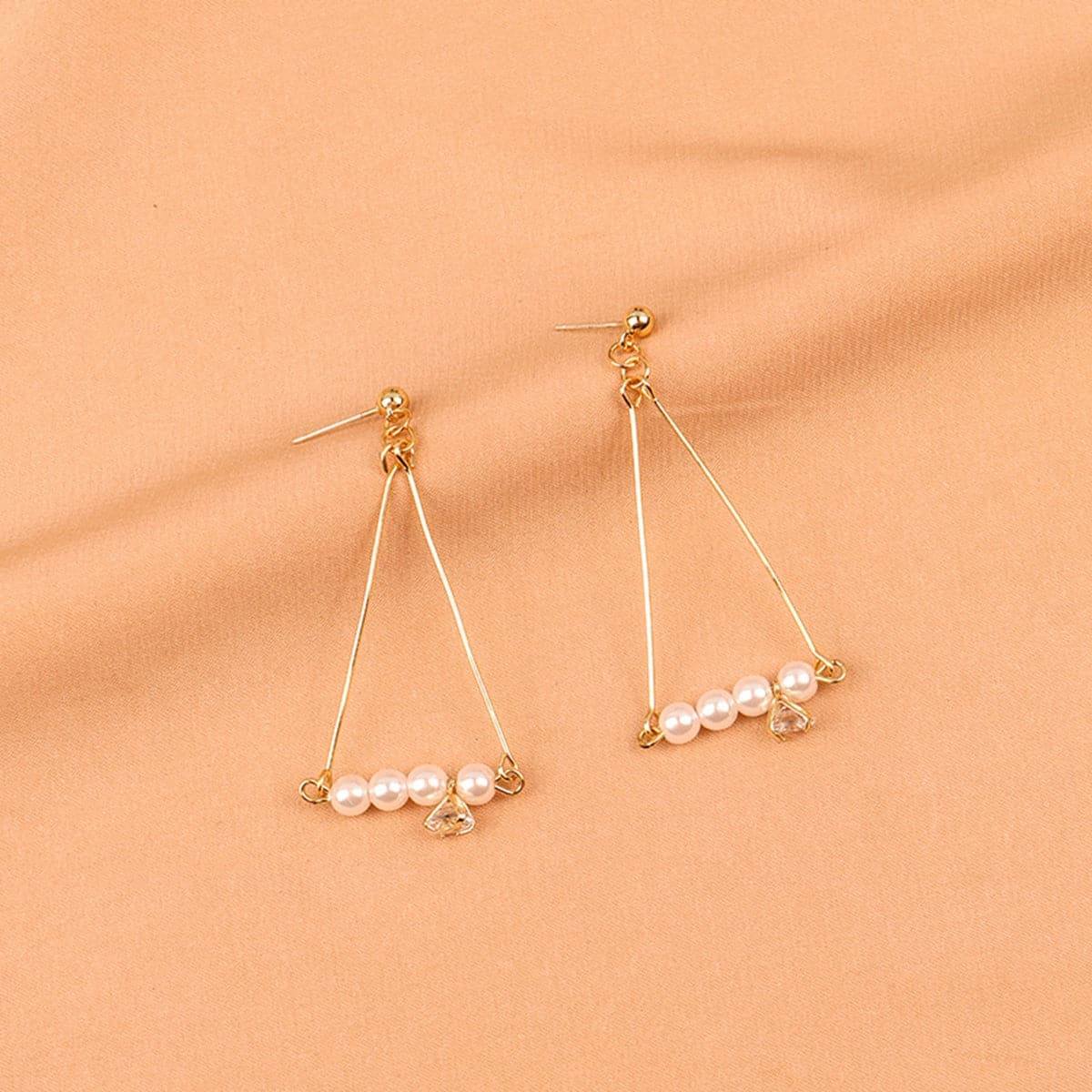 Pearl & Goldtone Charm Open Triangle Drop Earrings