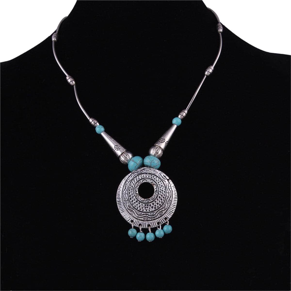 Turquoise & Silvertone Round Pendant Necklace