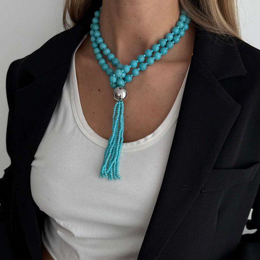 Blue Resin & Silvertone Big Ball Tassel Necklace