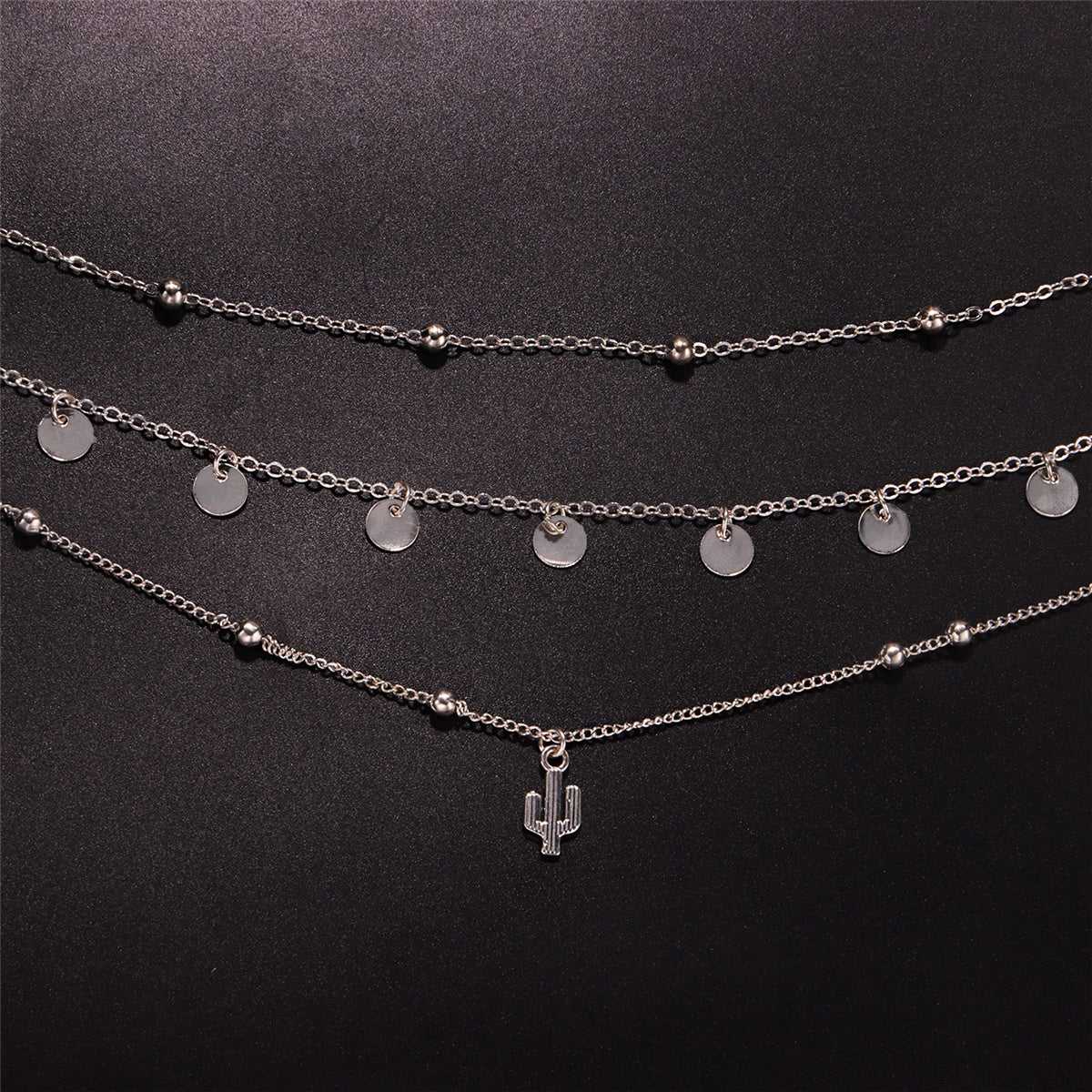 Silvertone Sequins Cactus Pendant Layered Necklace