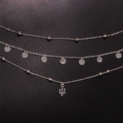 Silvertone Sequins Cactus Pendant Layered Necklace