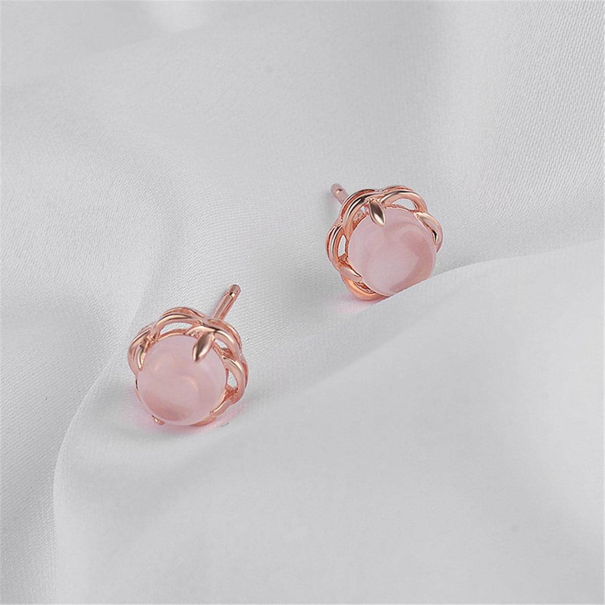Rose Quartz & Rose Goldtone Floral Stud Earrings