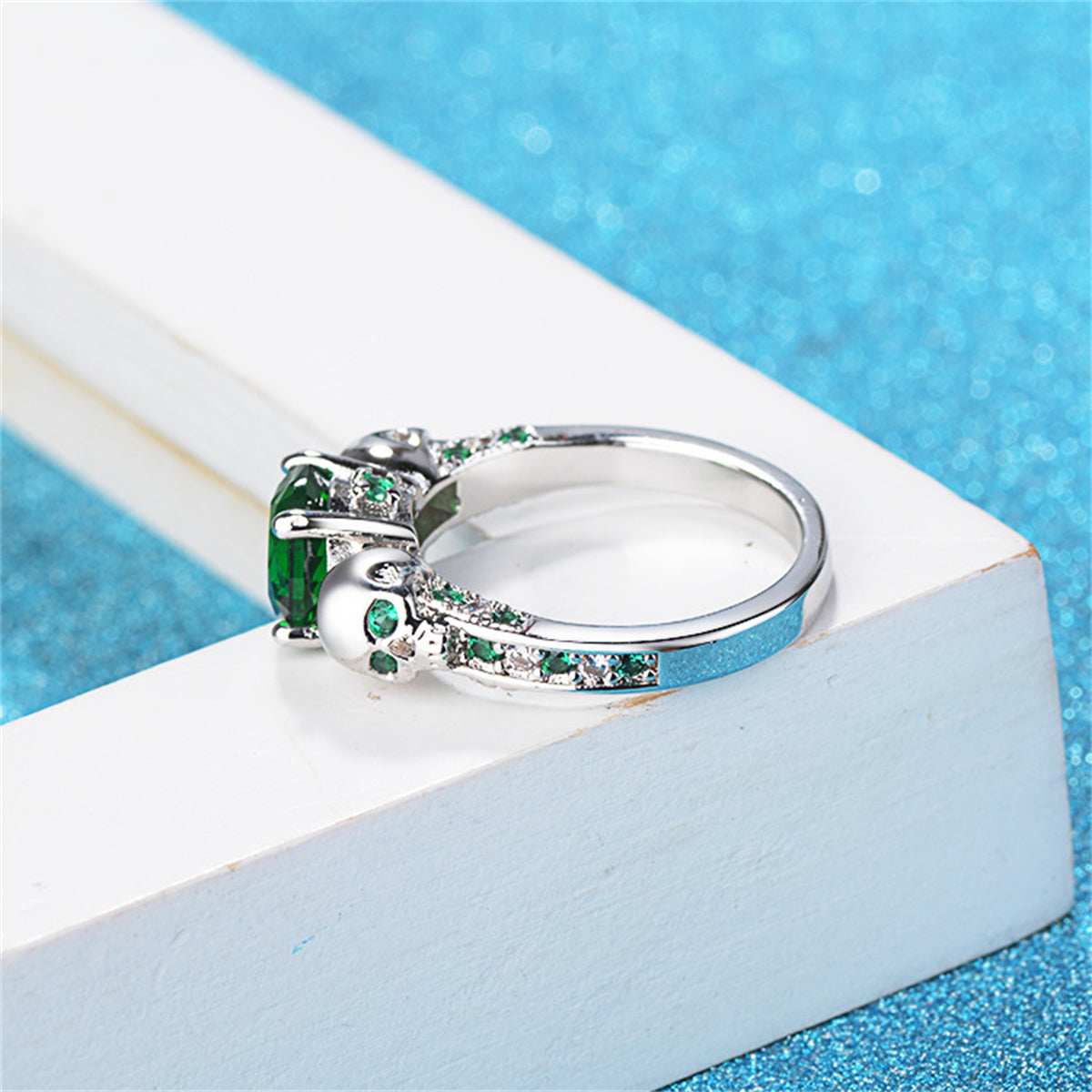 Green Crystal & Cubic Zirconia Skull-Accent Ring-6