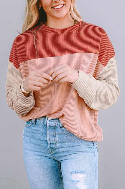 Rachel Block Long Sleeve Ribbed Loose Top - Red / M - 8/10