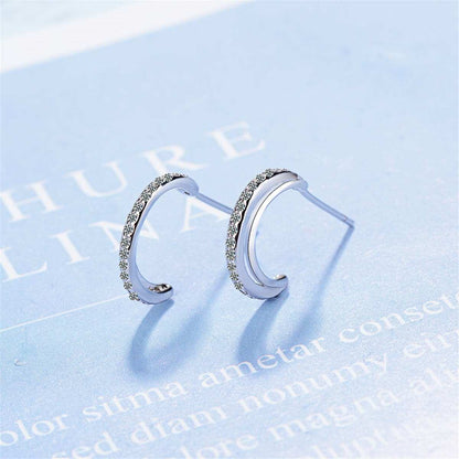 Cubic Zirconia & Silvertone Half-Circle Stud Earrings