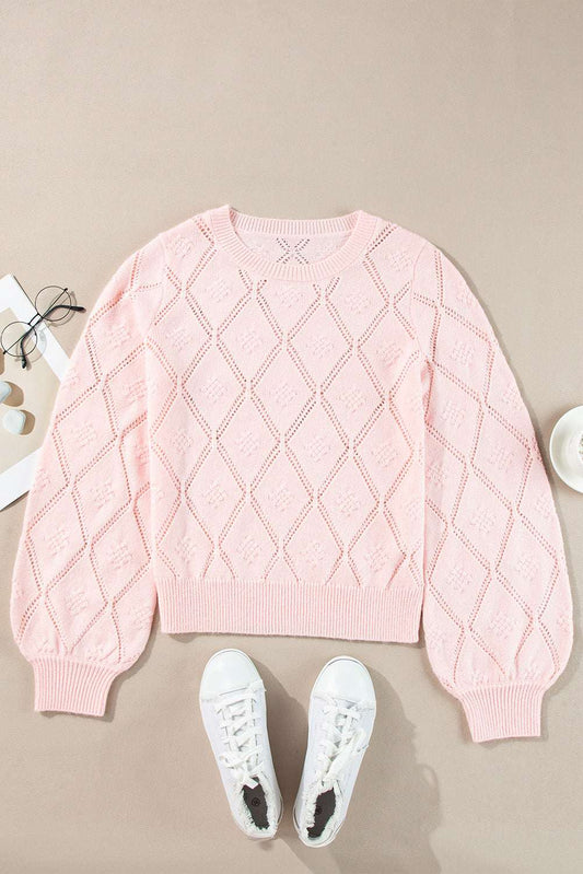 Threaded Pear Molly Openwork Plaid Puff Sleeve Cropped Sweater