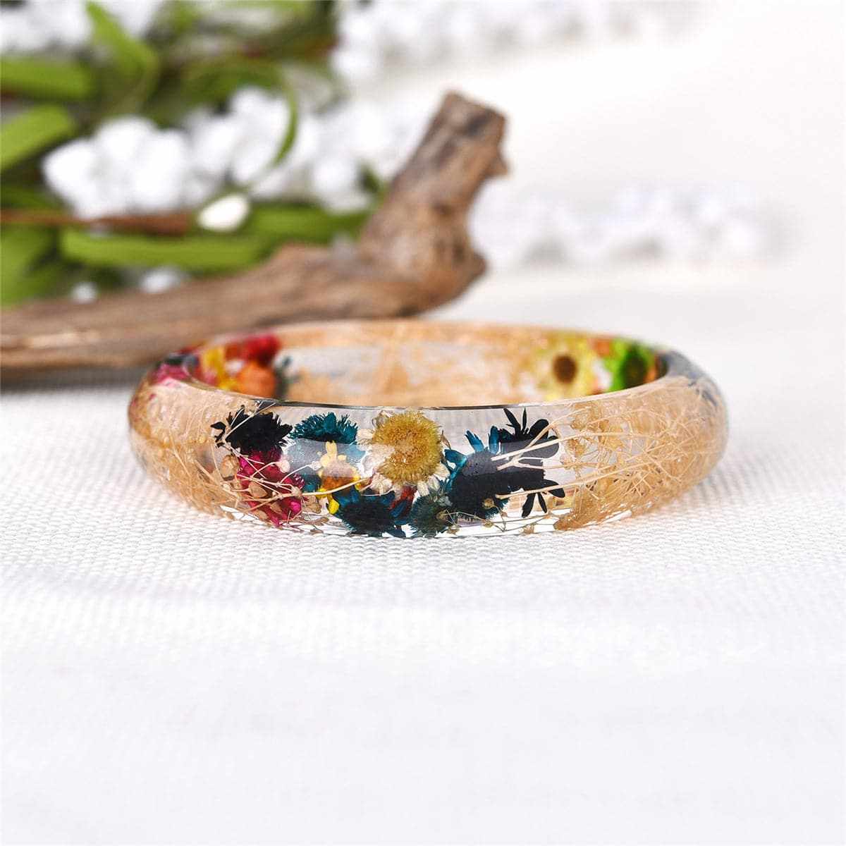 Pink & Navy Dried Floral Resin Bangle