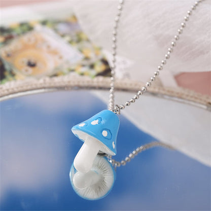 Blue Resin & Silvertone Ball Chain Mushroom Pendant Necklace