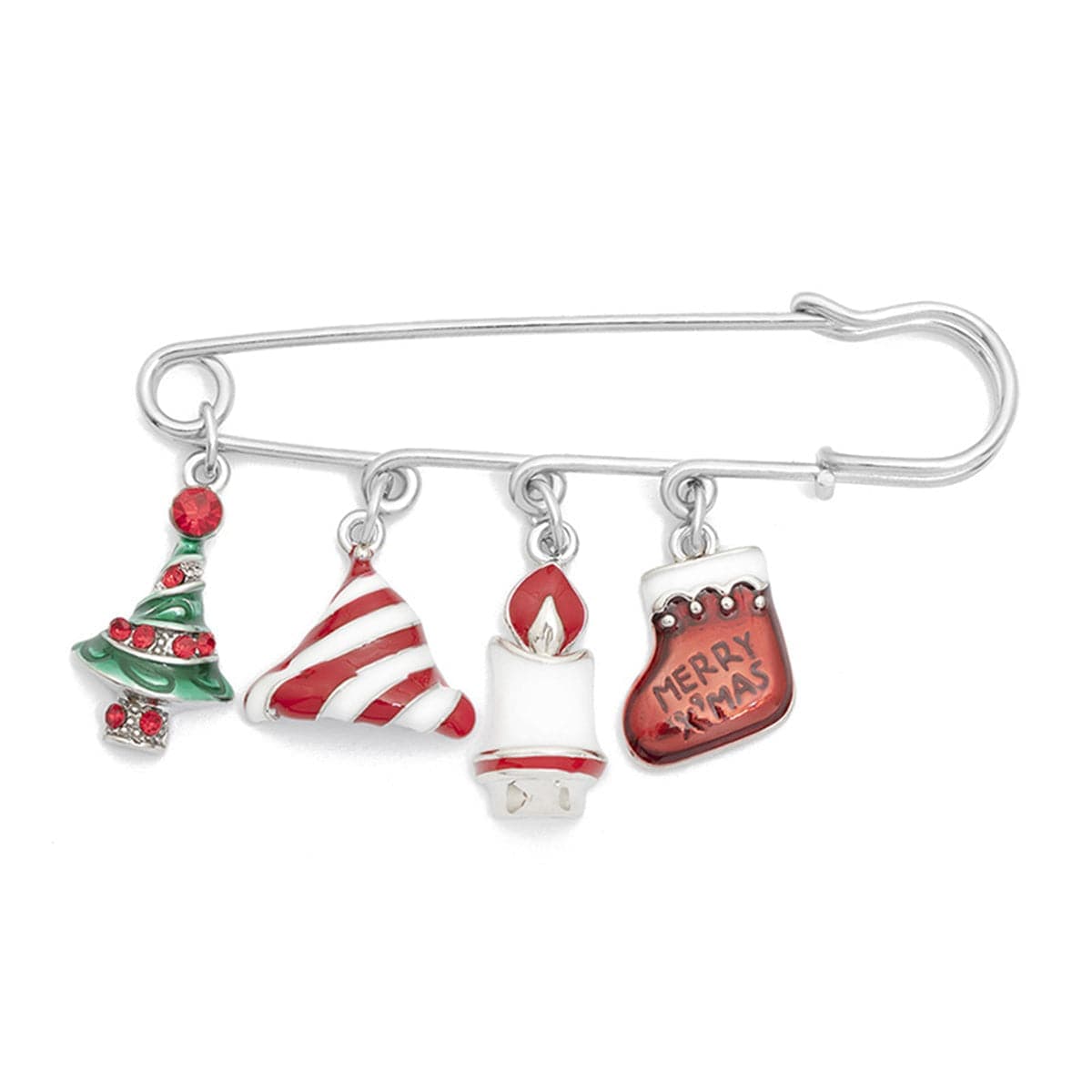 Cubic Zirconia & Silvertone Christmas Charm Brooch