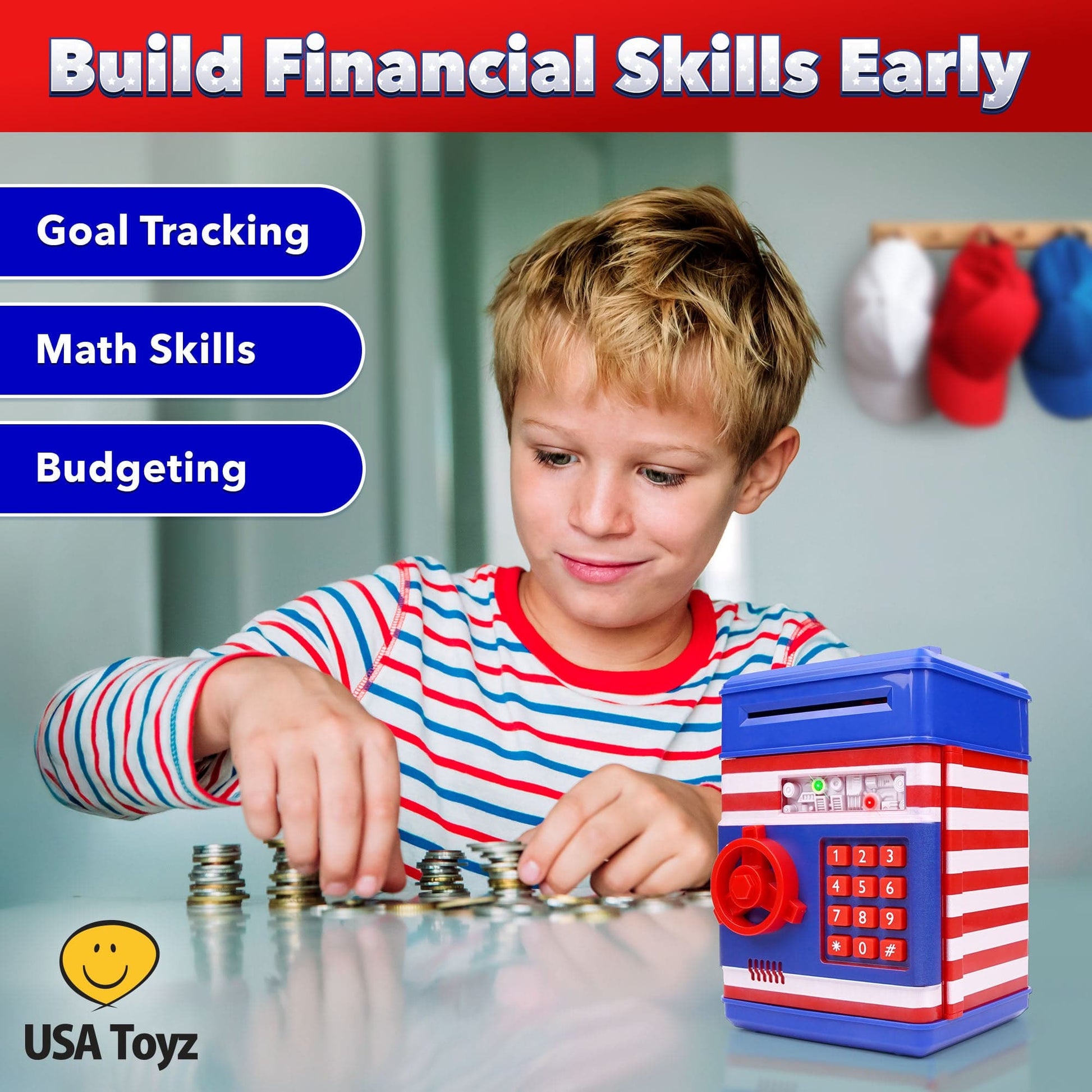 Blue and red piggy bank-