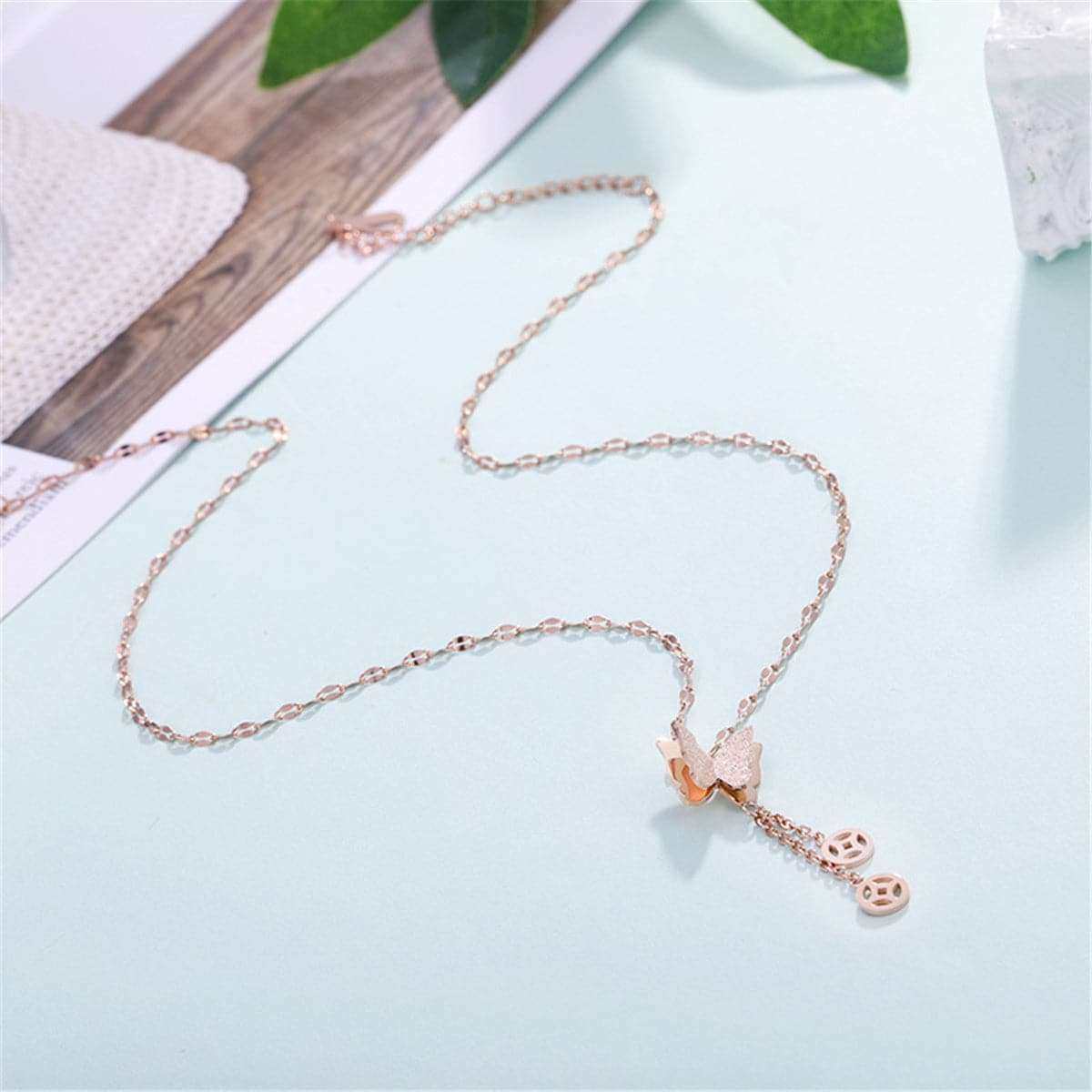 Rose Goldtone Frosted Butterfly Coin Tassel Pendant Necklace