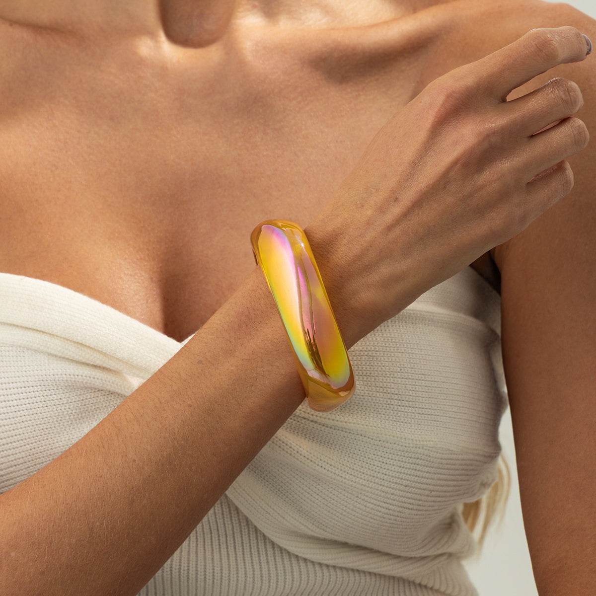 Iridescent & Yellow Resin Uneven Bangle