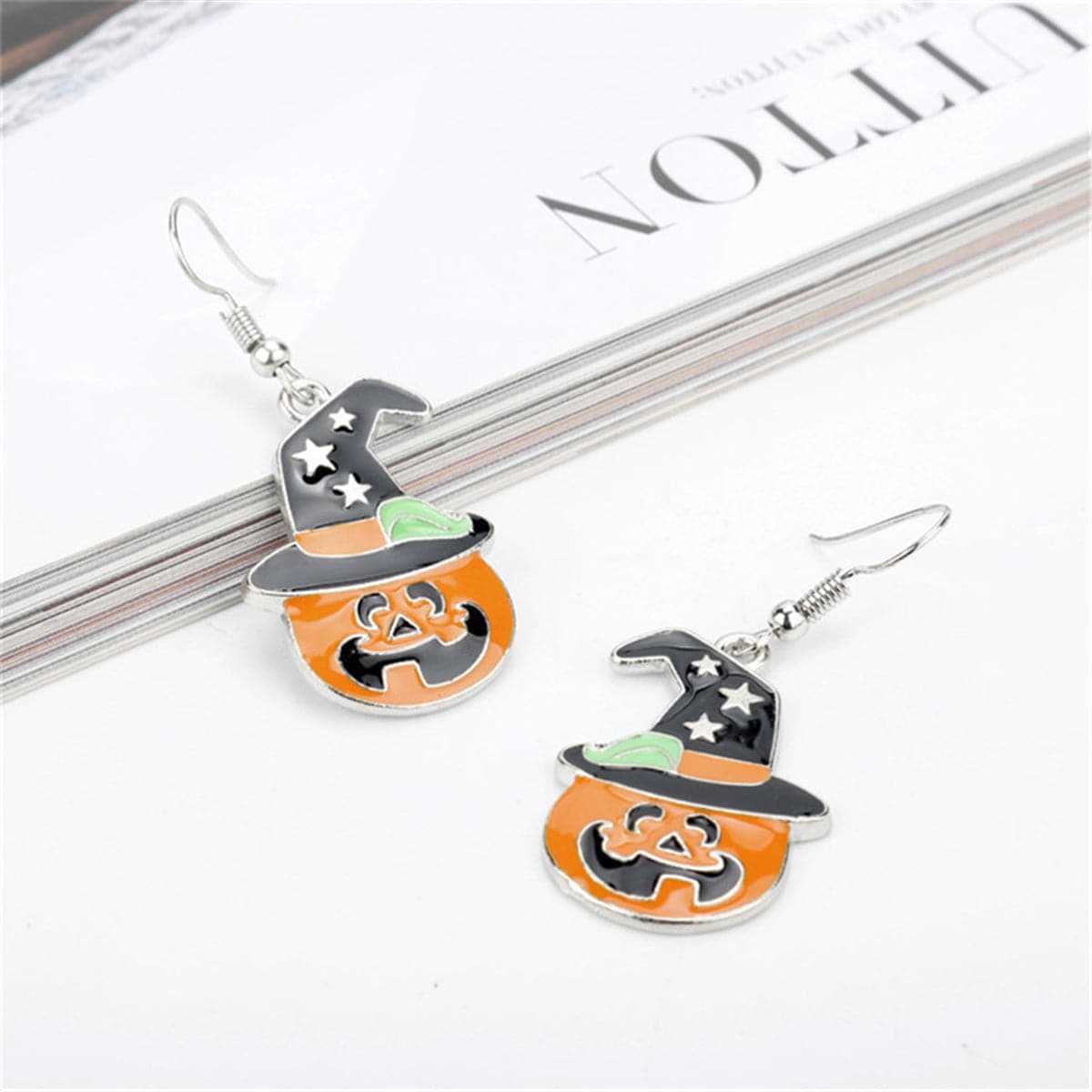 Enamel Pumpkin & Starry Hat Drop Earrings
