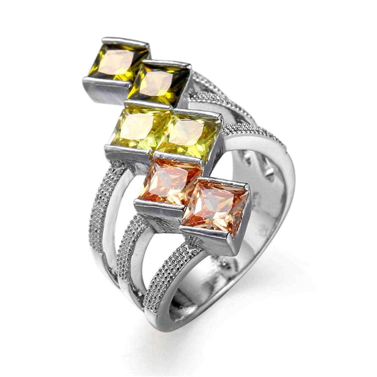 Green Crystal & Silvertone Princess-Cut Ring