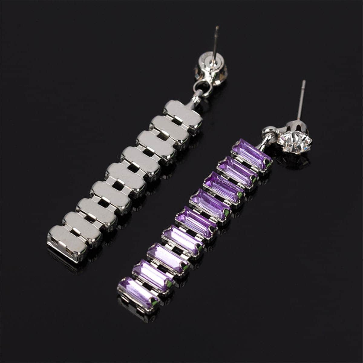 Purple & Silvertone Baguette Ladder Drop Earrings