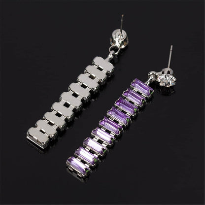 Purple & Silvertone Baguette Ladder Drop Earrings