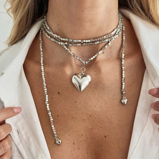 Silvertone Bead Chain Big Heart Pendant Toggle Necklace
