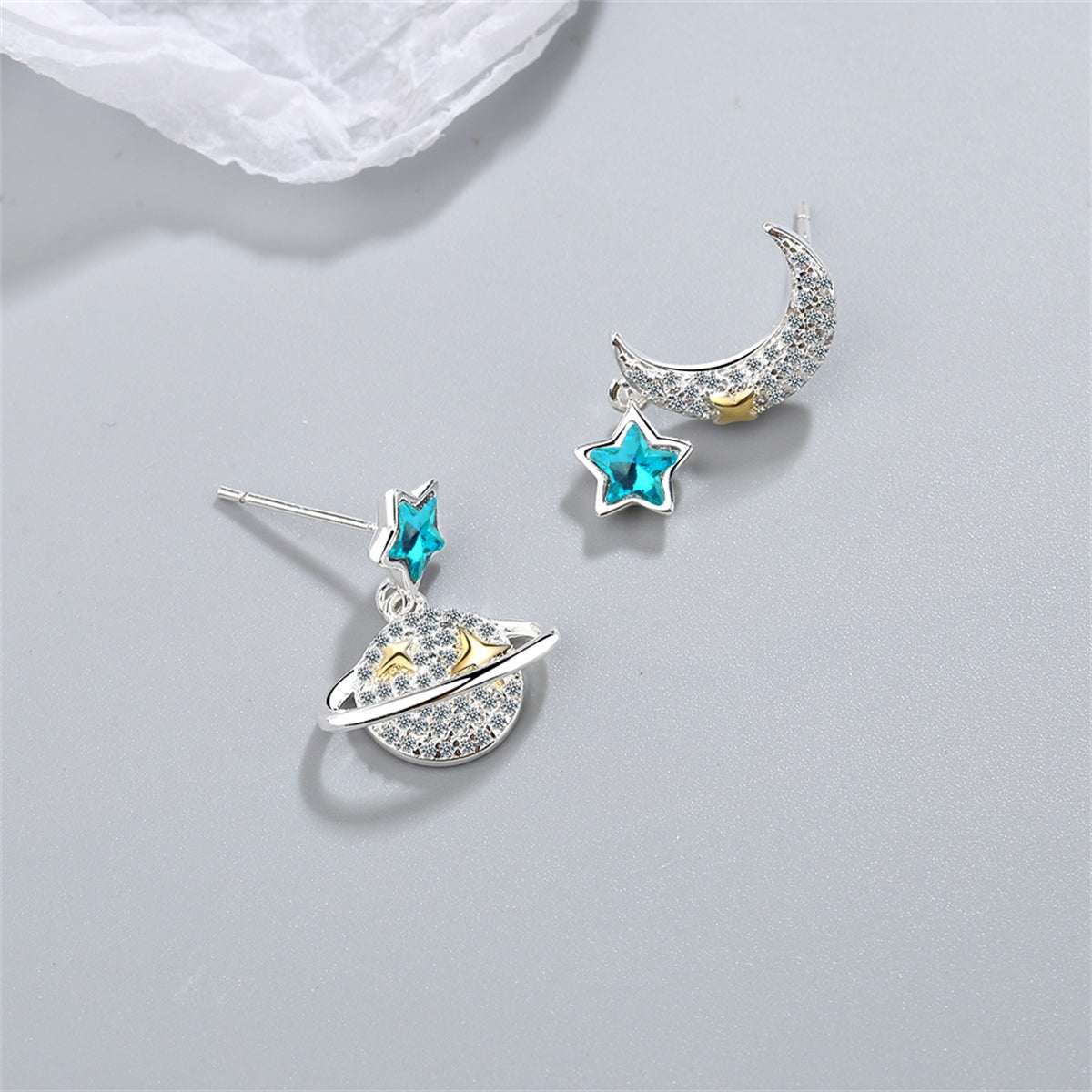 Crystal & Cubic Zirconia Two Tone Moon & Planet Drop Earrings