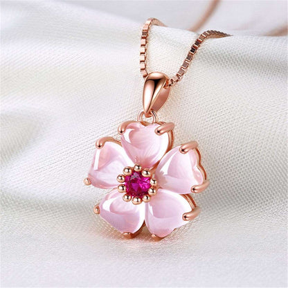 Ross Quartz & Purple Cubic Zirconia Petal Flower Pendant Necklace