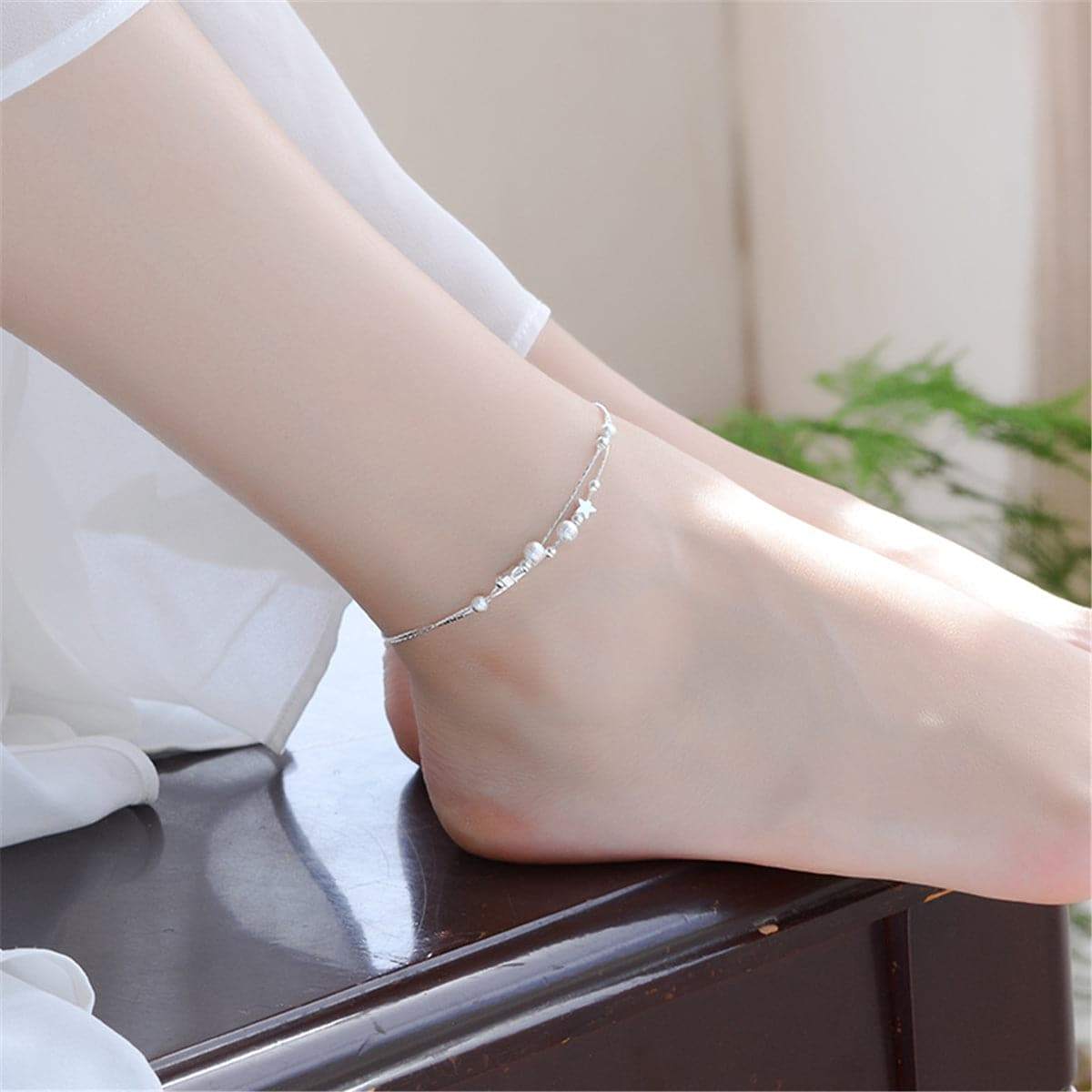 Silvertone Star & Bead Anklet