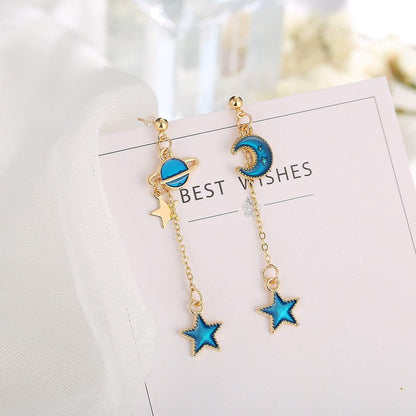 Blue Enamel & Goldtone Star Planet Drop Earrings