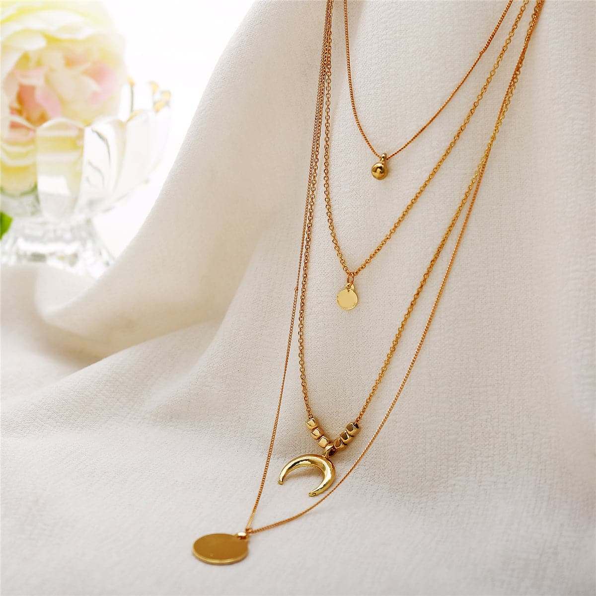 Goldtone Moon Pendant Layer Necklace