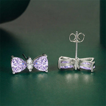 Cubic Zirconia & Purple Crystal Bow Stud Earrings