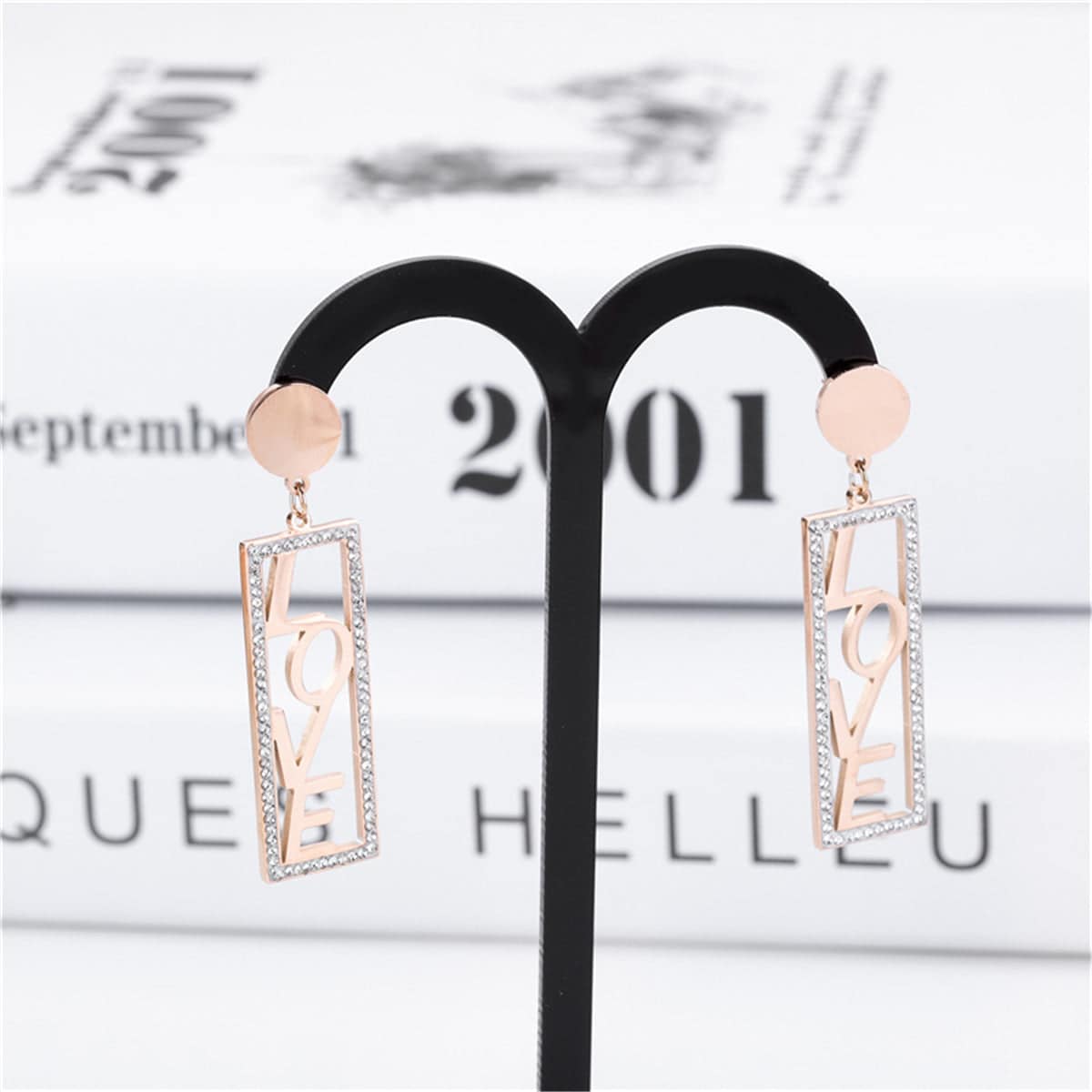 Cubic Zirconia & Rose Goldtone 'Love' Rectangle Drop Earrings
