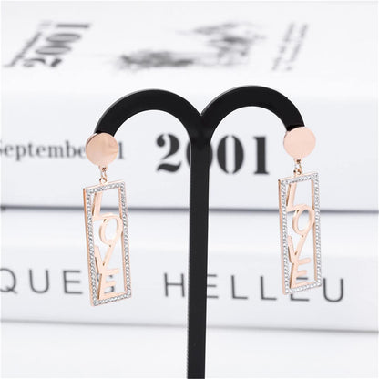 Cubic Zirconia & Rose Goldtone 'Love' Rectangle Drop Earrings