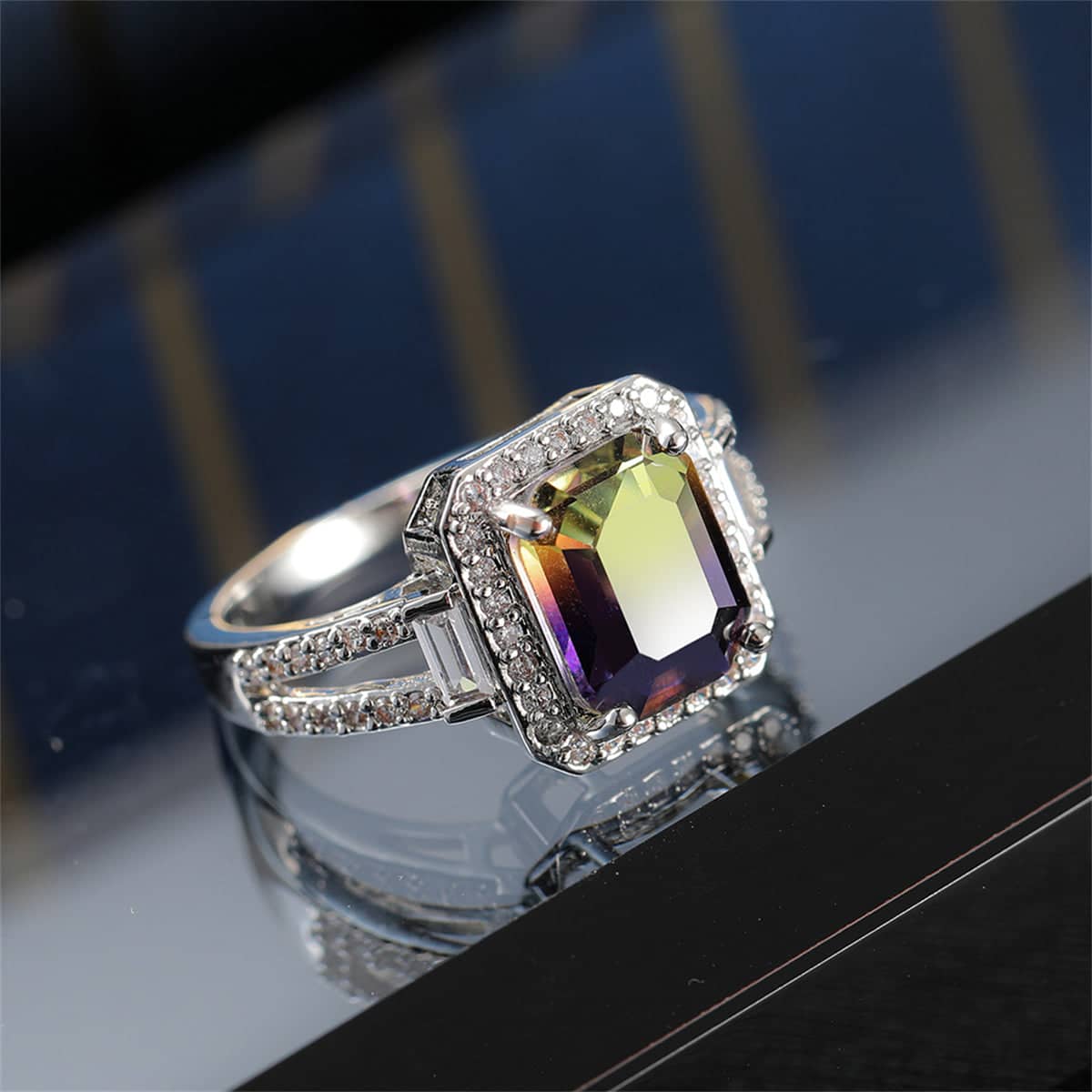 Yellow & Purple Crystal Cubic Zirconia Silvertone Princess-Cut Halo Ring-1