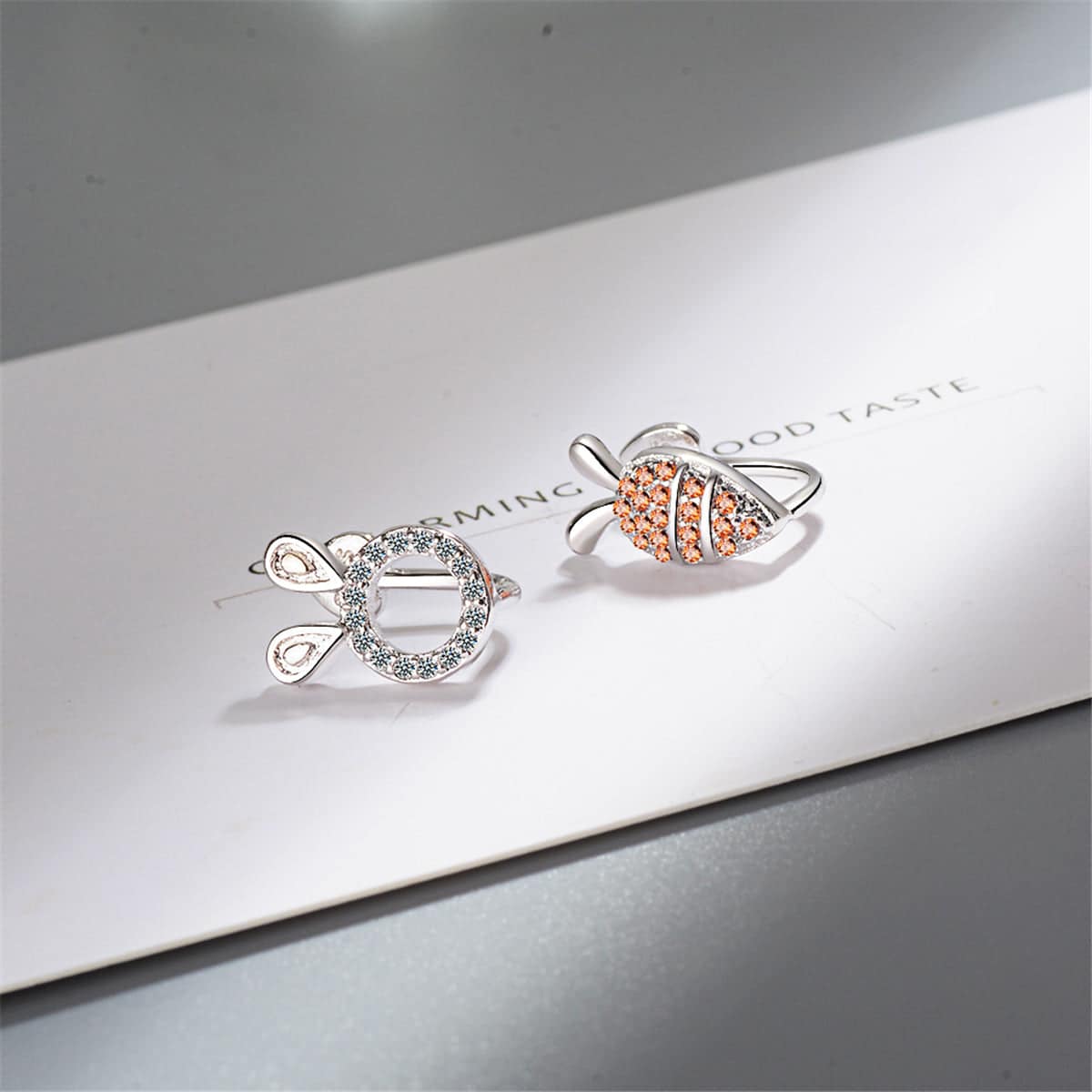 Orange Cubic Zirconia & Silvertone Radish Rabbit Asymmetrical Stud Earrings