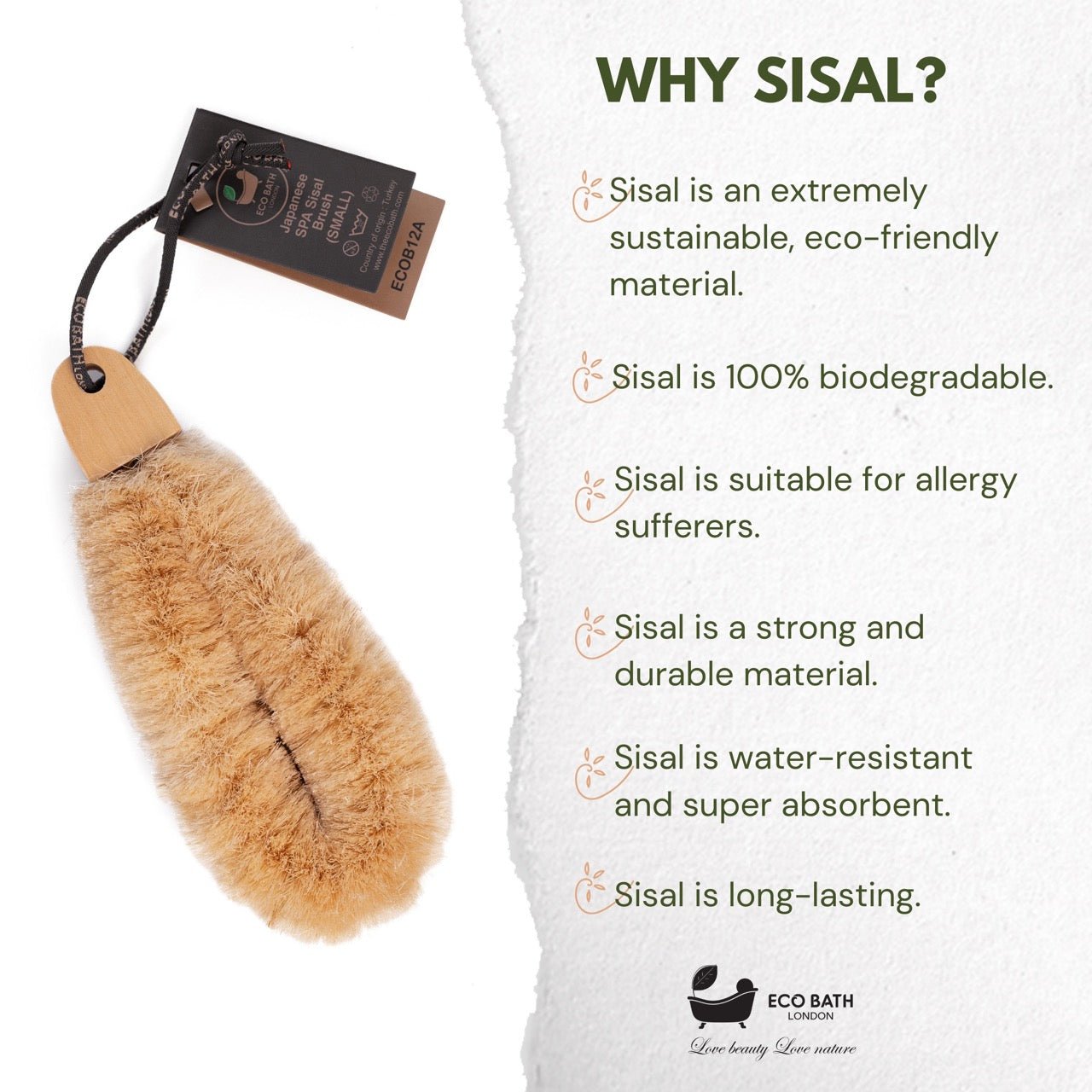 Eco Bath London Natural Sisal Japanese Spa Brush - Body Back Scrubber and Dry Brushing Body Brush for Deep Exfoliation and Smooth Skin, Firm Bristles by Eco Bath London