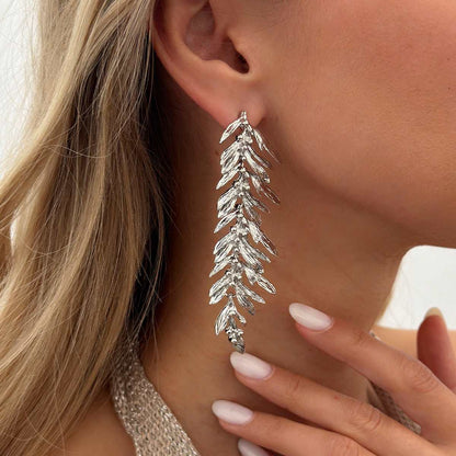 Silvertone Textured Leaves Dangle Earrings