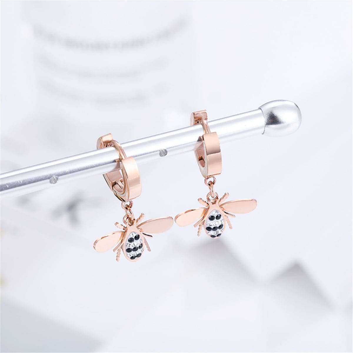Cubic Zirconia & Rose Gold-Plated Bee Drop Earrings