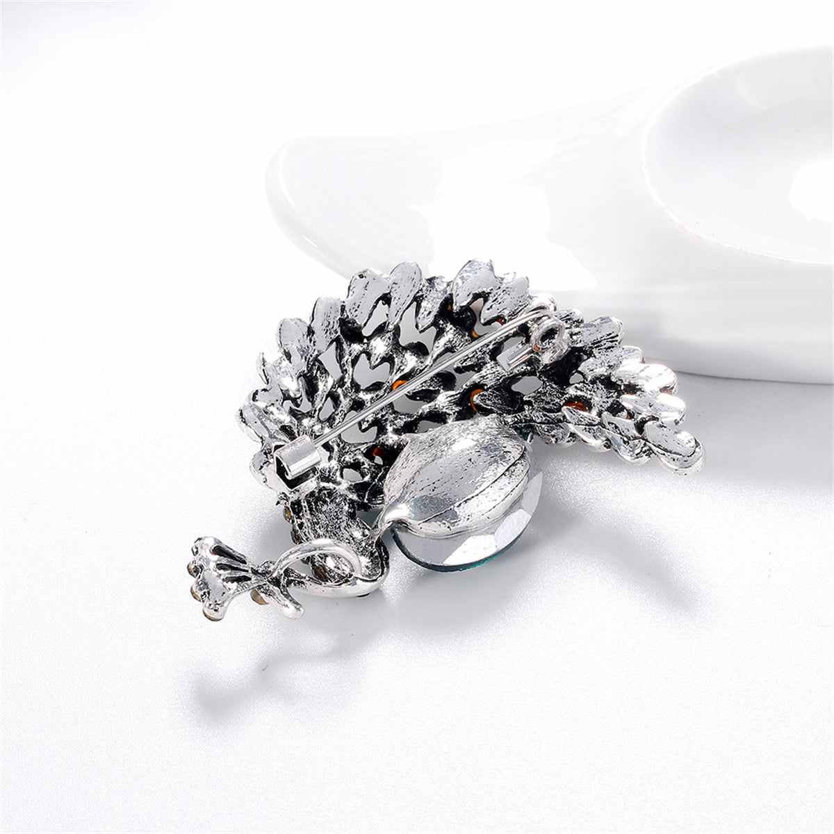 Clear Cubic Zirconia & Silvertone Peacock Brooch