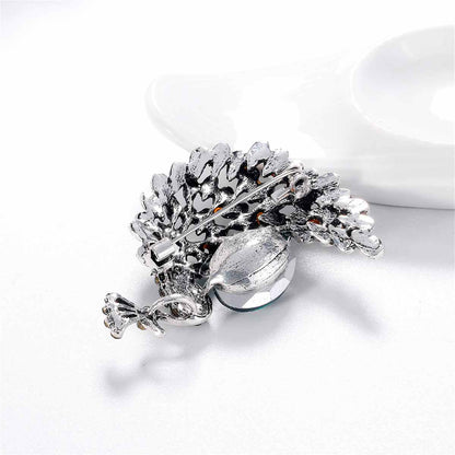 Clear Cubic Zirconia & Silvertone Peacock Brooch
