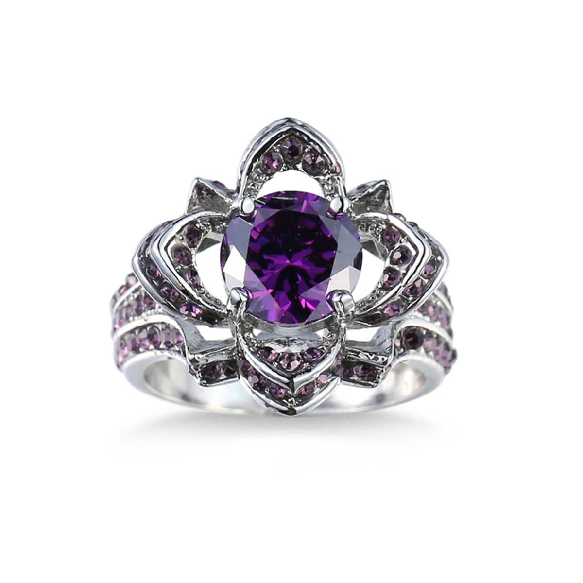 Purple Crystal & Purple Cubic Zirconia Floral Openwork Round Ring-4