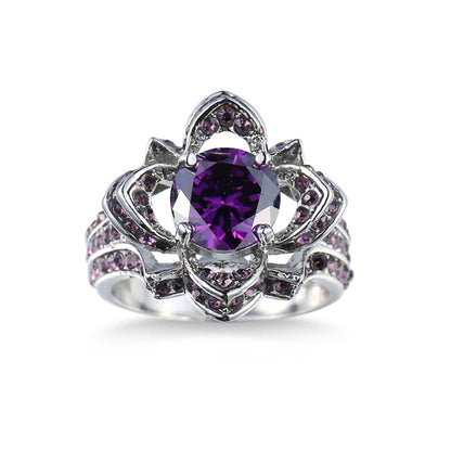 Purple Crystal & Purple Cubic Zirconia Floral Openwork Round Ring-4