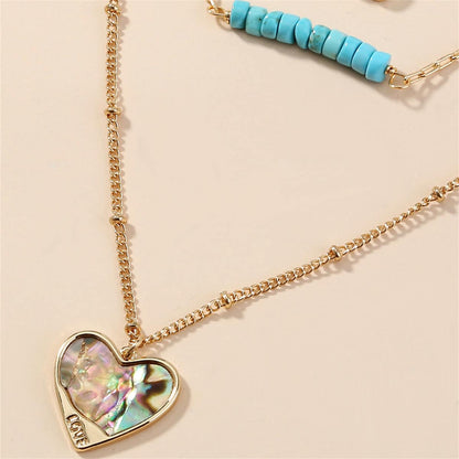 Turquoise & Abalone Shell Goldtone Heart Layered Pendant Necklace
