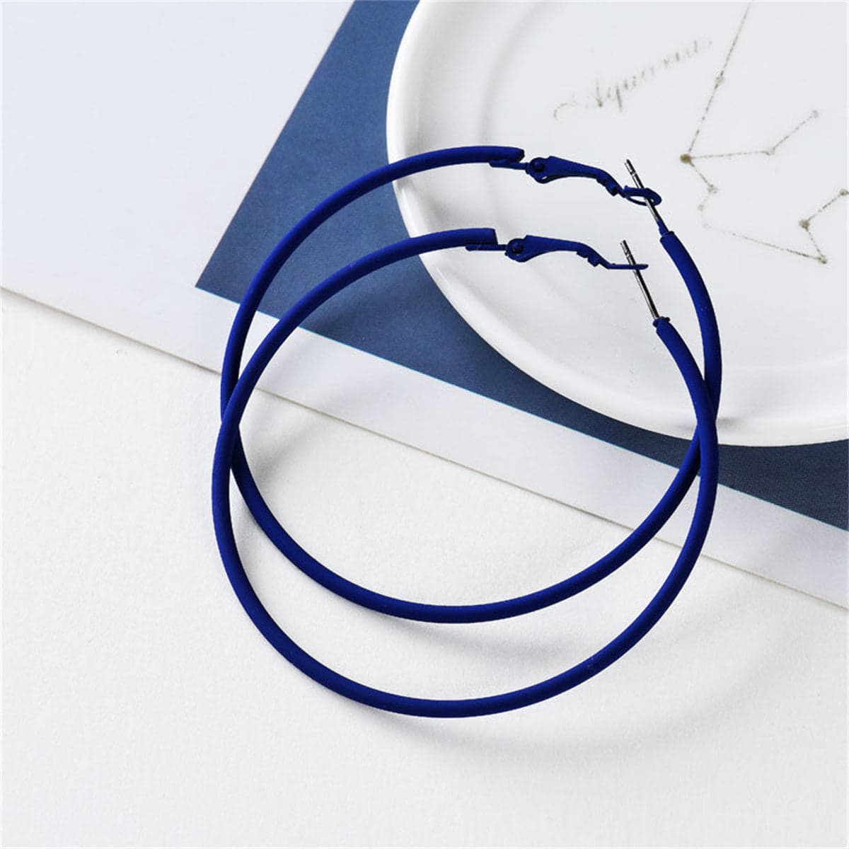 Navy Enamel & Silvertone Hoop Earrings
