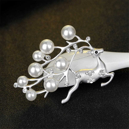 Cubic Zirconia & Pearl Dashing Reindeer Brooch